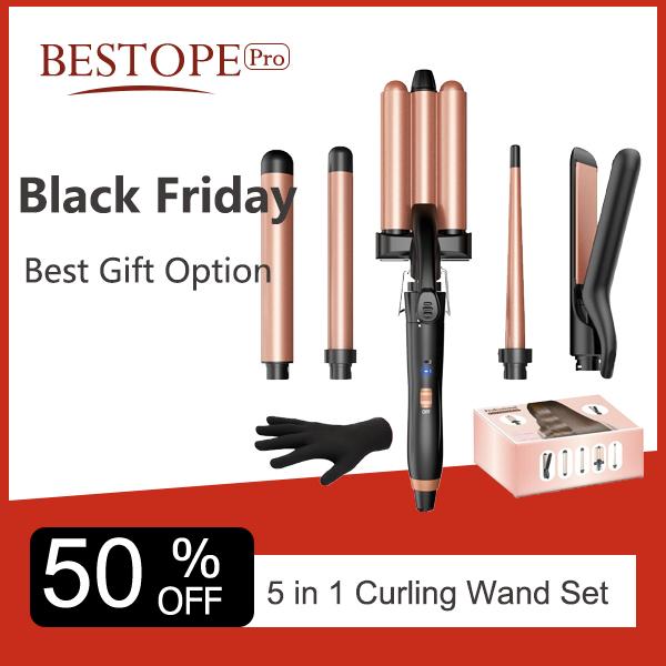 BESTOPE PRO 5 in 1 Wand Curling Iron-Curling Wand Set with Hair Straightener, 3 Barrels Hair Crimper Iron, 3 Ceramic Curling Irons (0.35 