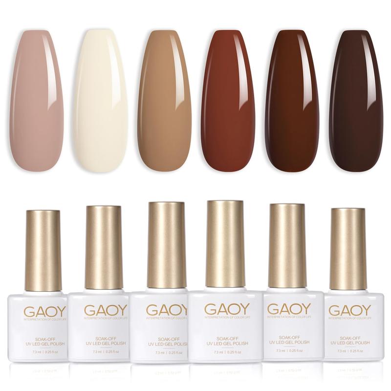 GAOY Nude Brown Fall Gel Nail Polish Set, 6 Colors White Beige Dark Tan Taupe Soak Off Gel Polish Kit for Salon and Nail Art DIY at Home