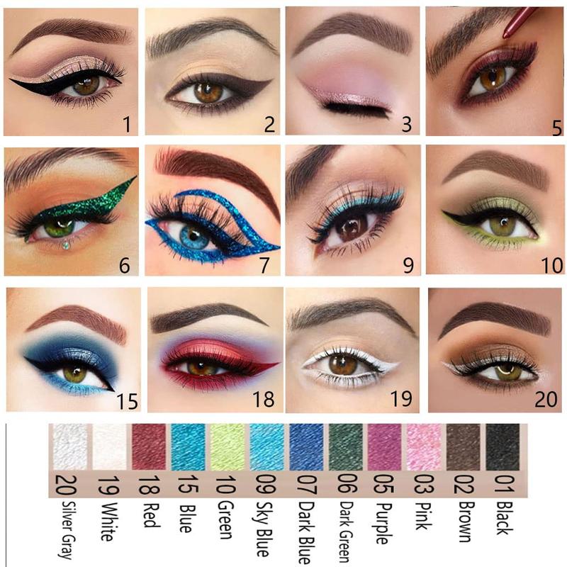 12Pcs Green Blue White Black Brown Purple Color Gel Glitter Eyeliner Pencils Set for Women Cosmetic