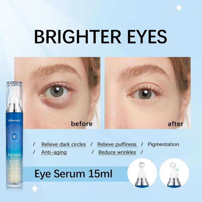 5% Caffeine Eye Serum with 360° Massage Roller Eye Serum for Dark Circles & Relieve Puffiness, Tighten Lifting Brightening Under Eye Cream Skin Care