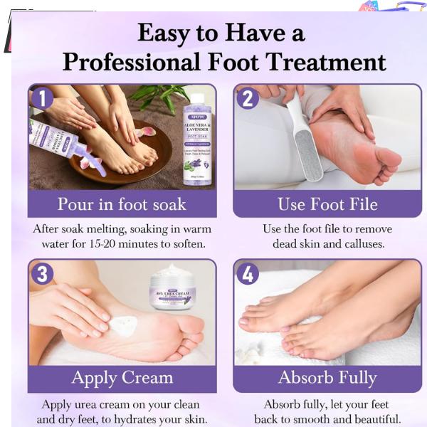 Foot Soak Set Callus Remover Pedicure Kit - Urea Cream 40%, Lavender Foot Soak Salt with Epsom Salt & Foot File for Dead Skin, Foot Care Kit for Dry Cracked Heels