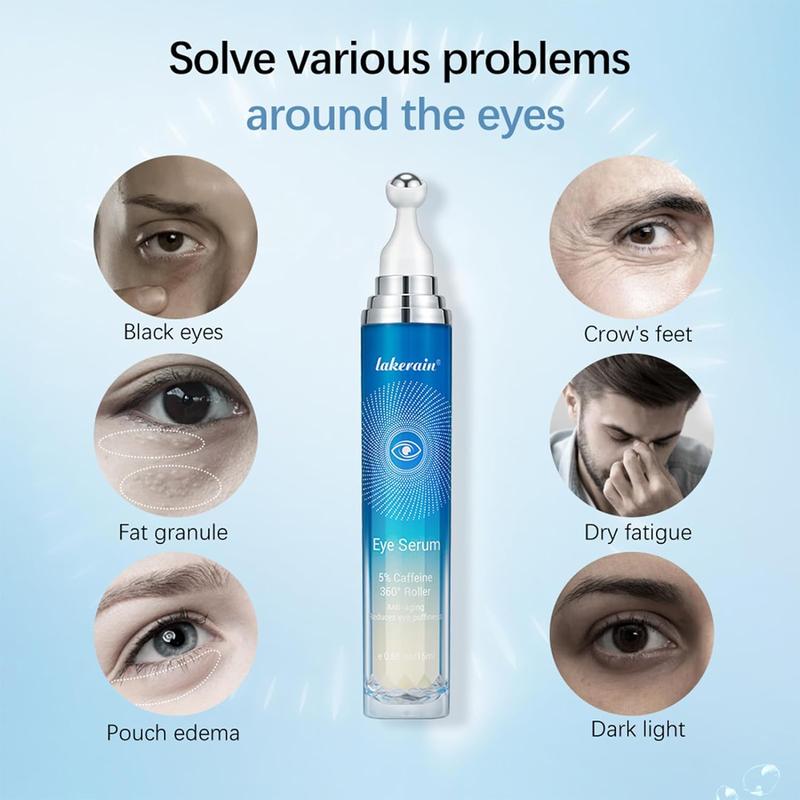 5% Caffeine Eye Serum with 360° Massage Roller Eye Serum for Dark Circles & Relieve Puffiness, Tighten Lifting Brightening Under Eye Cream Skin Care