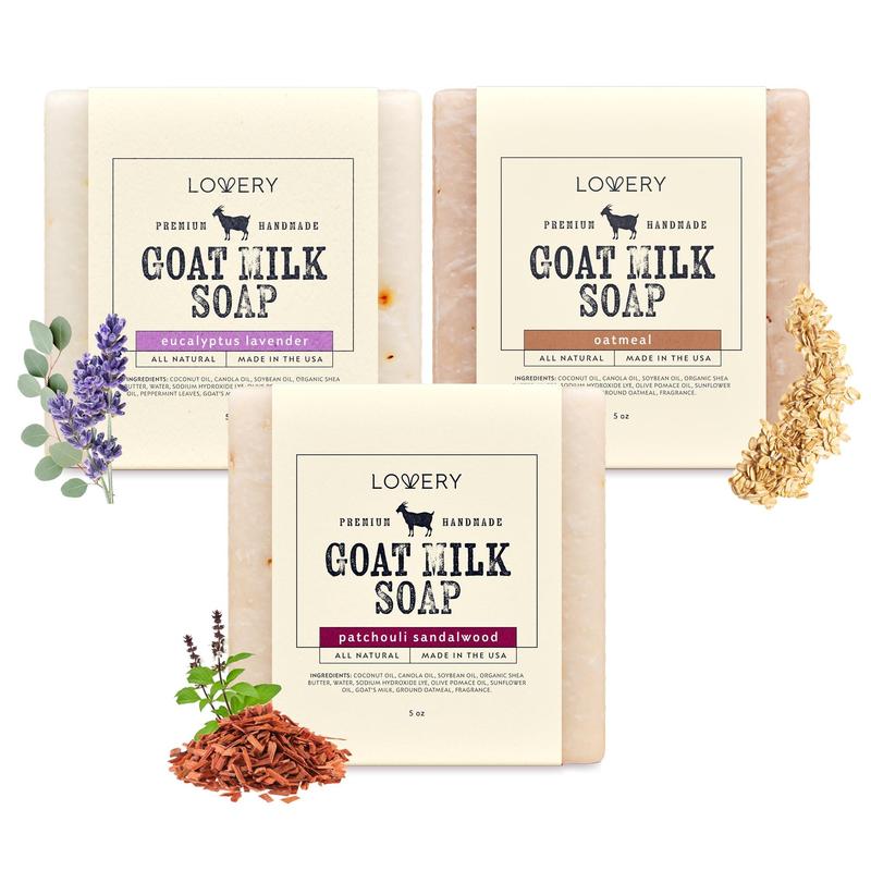 Handmade Goat Milk Soap Bars with Organic Shea Butter  - 3Pack Oatmeal, Eucalyptus Lavender, Patchouli Sandalwood Scents Made in USA Body Care Body Wash