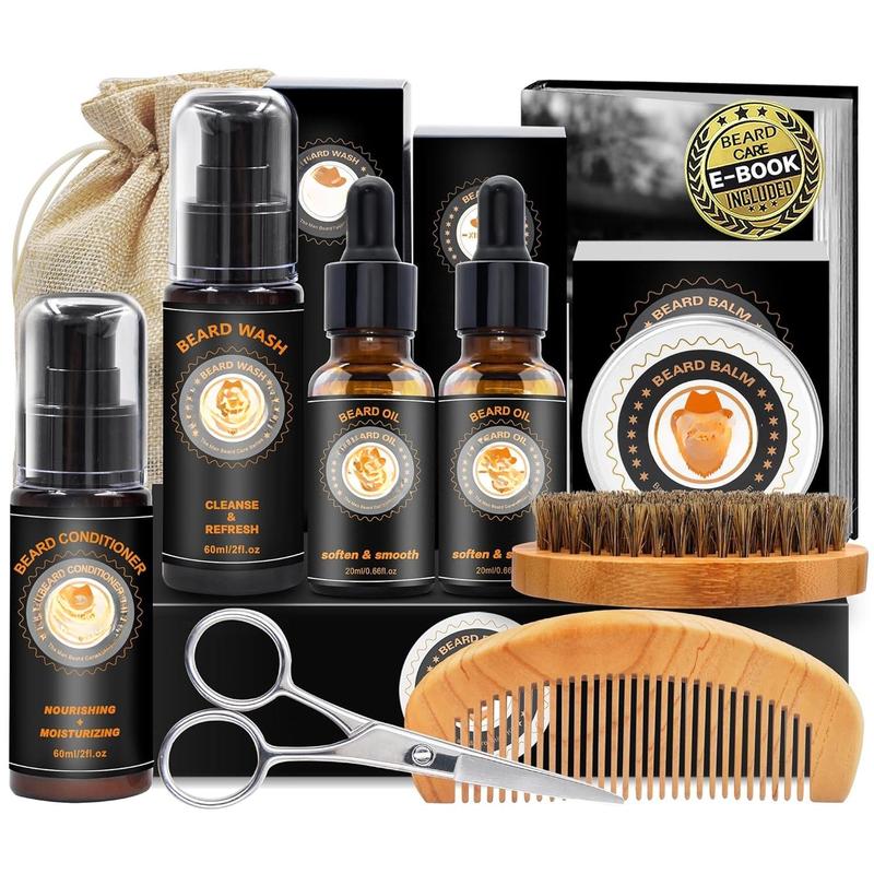 Upgraded Beard  Kit w Beard Conditioner,Beard Oil,Beard Balm,Beard Brush,Beard Wash,Beard Comb,Beard Scissor,Bag,E-Book,Beard Care Daddy Gifts for Men Him Dad Husband Boyfriend