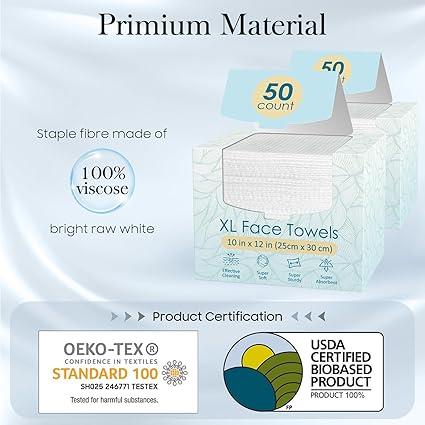 100 Count (2 Box) XL Disposable Face Towels 10” x 12”, 100% Viscose Fibre, Soft & Skin Friendly Face Towelettes Disposable, Facial Tissue Face Wipes for Women Cleansing