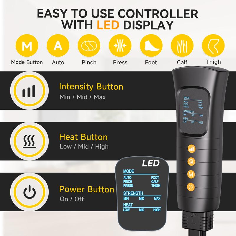 Leg Massager with Heat and Compression for Circulation and Pain Relief, Handheld Controller with 3 Intensities and 6 Modes - Comfort