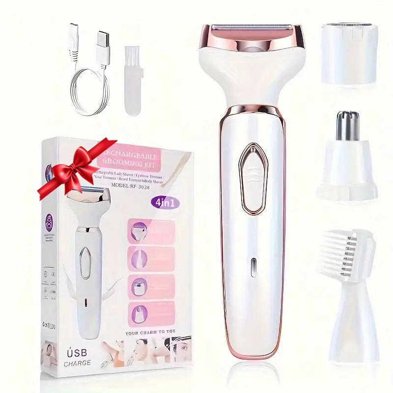 4 in 1 Electric Razor for Women, Body Hair Trimmer, USB Rechargeable Foil Shaver, Multifunctional Hair Removal Tool, Battery Powered Hair Trimmer for Body, Nose, Eyebrow