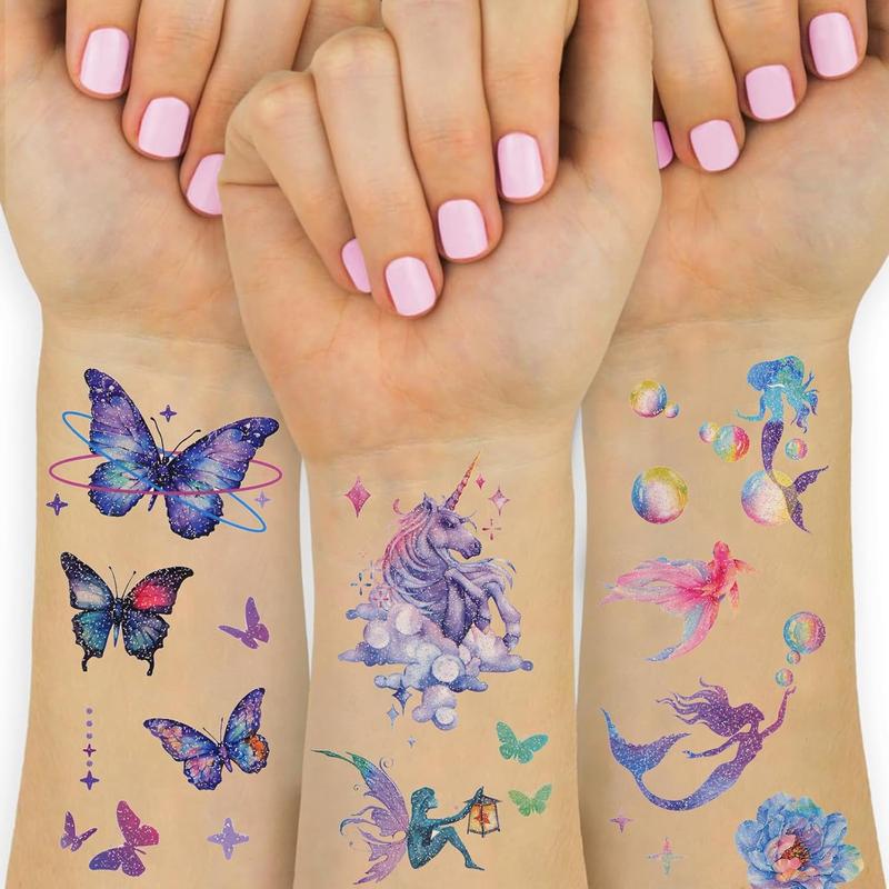 Glitter Temporary Tattoos for Girls, 12 Sheets of Mixed Butterfly, Fairy, Mermaid  Stickers for , Waterproof  Tattoos for Birthday Party Favors and Supplies