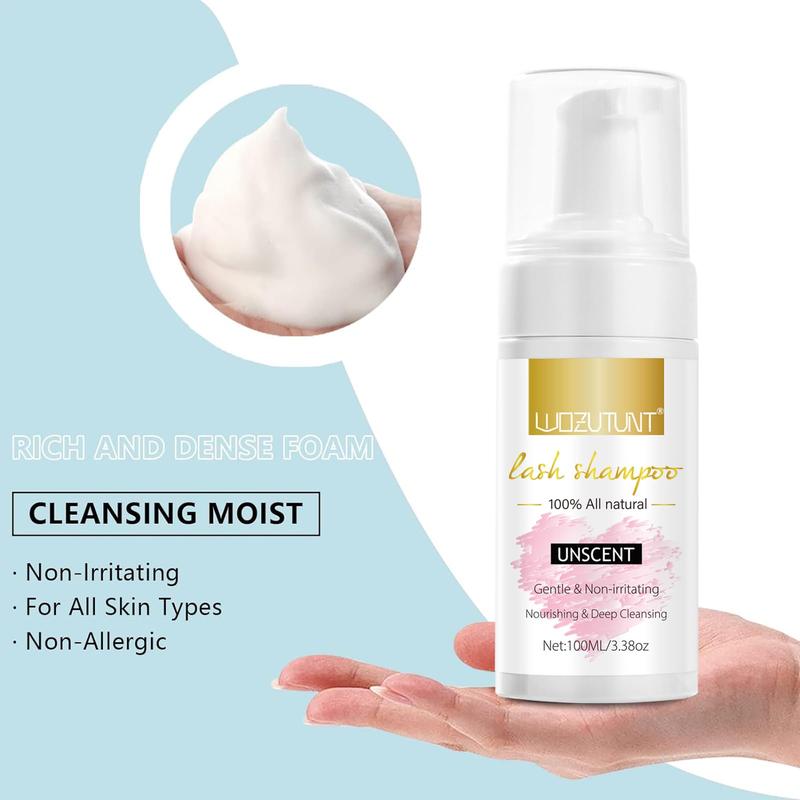 3.38oz Eyelash Extension Cleanser - Lash Mousse Shampoo, Lash Brushes, Cleanser Brush, Wash Bottle for Long-Lasting Lashes