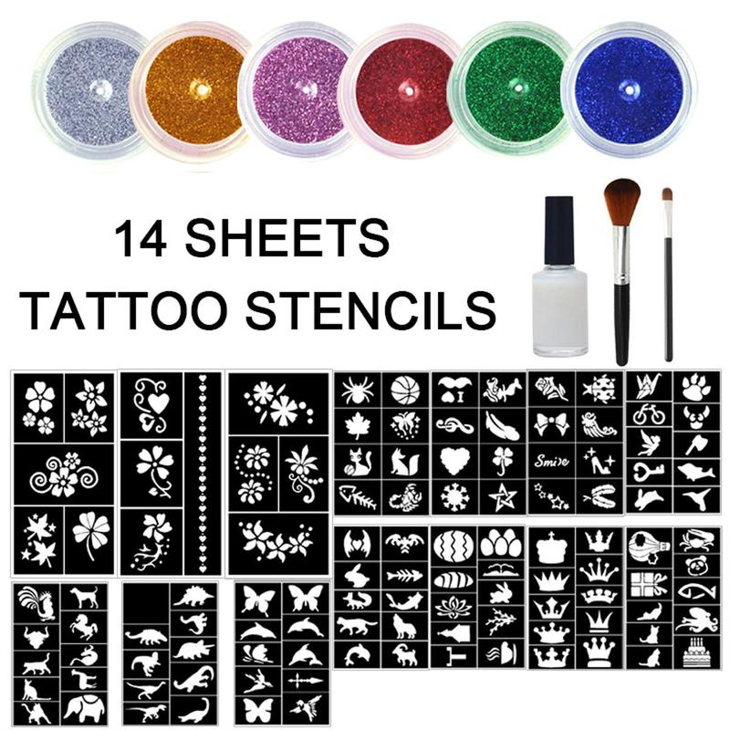 Temporary Glitter Tattoo Kit, 6 Counts Glitter Tattoos for Body Art Painting & 14 Sheets Unique Templates Stencils & 1 Count Glue & 2 Counts Brush, Body Art Painting Tool for Women & Girls, Christmas Gift