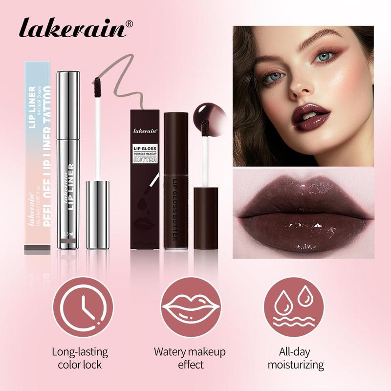 Long Lasting Lip Tint & Lip Liner Set, 1 Count Waterproof Lip Gloss & 1 Count Peel Off Lip Liner, Easy Coloring Lip Sticks, for All Occasions Lip Makeup, Christmas Gift