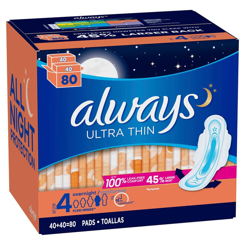 Always Ultra Thin Size 4 Overnight Pads With Wings Unscented (80 Count)