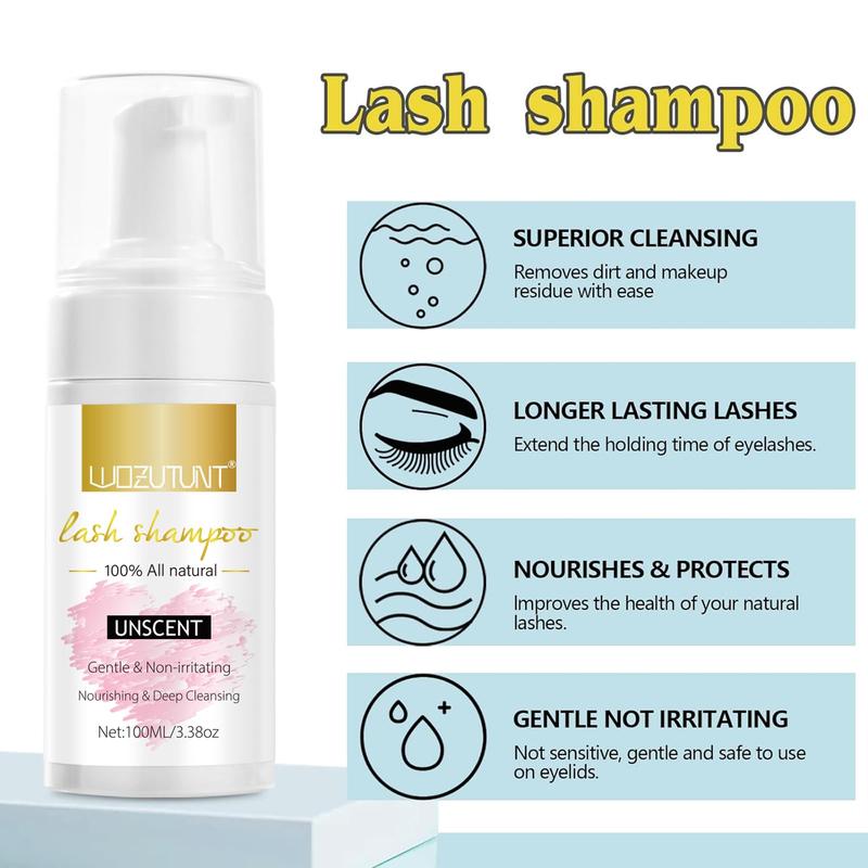 3.38oz Eyelash Extension Cleanser - Lash Mousse Shampoo, Lash Brushes, Cleanser Brush, Wash Bottle for Long-Lasting Lashes