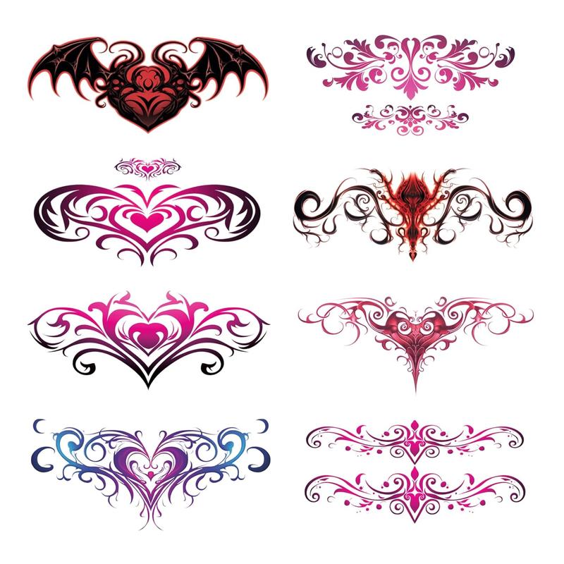 Succubus Belly Temporary Tattoos -8 Sheets of Colourful Heart Designs Cover   For Belly Button   Uterus  Stickers For  Girls Women