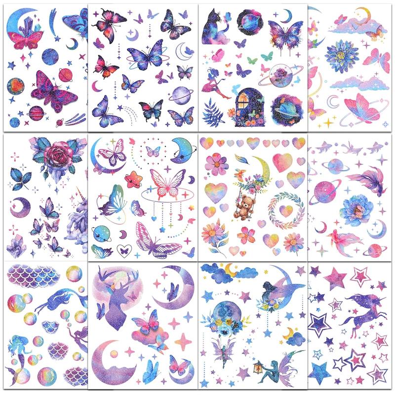 Glitter Temporary Tattoos for Girls, 12 Sheets of Mixed Butterfly, Fairy, Mermaid  Stickers for , Waterproof  Tattoos for Birthday Party Favors and Supplies