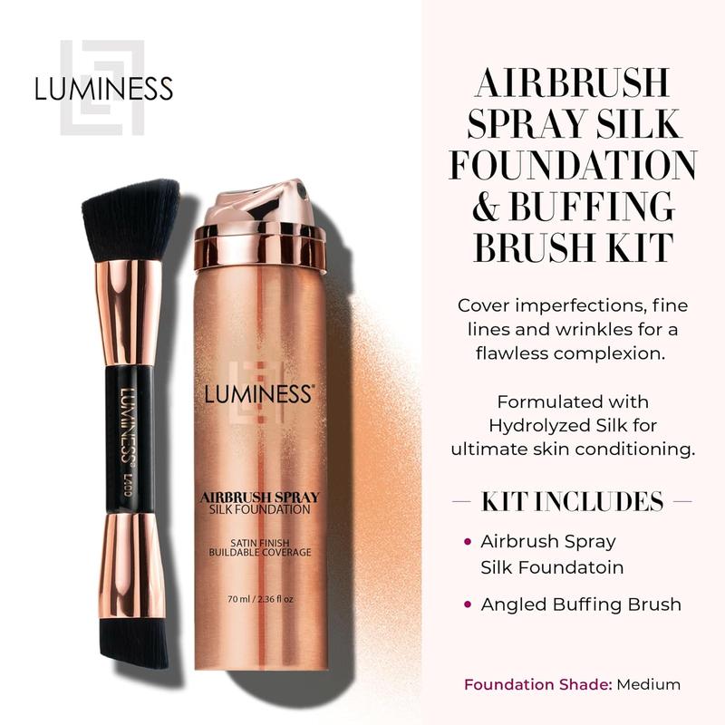 LUMINESS Silk Airbrush Spray Foundation & Buffing Brush Kit – Full Covere Foundation & Dual-Sided Buffing Brush - Buildable Covere, Anti-ing Formula Hydrates & Moisturizes (Shade - Medium)