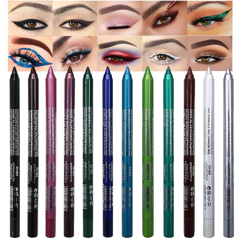 12Pcs Green Blue White Black Brown Purple Color Gel Glitter Eyeliner Pencils Set for Women Cosmetic