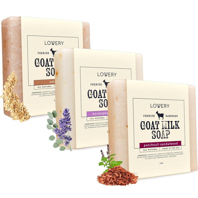 Handmade Goat Milk Soap Bars with Organic Shea Butter  - 3Pack Oatmeal, Eucalyptus Lavender, Patchouli Sandalwood Scents Made in USA Body Care Body Wash