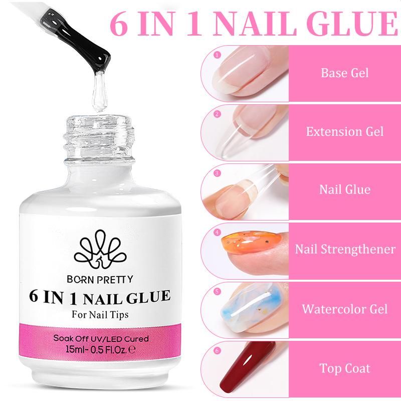 BORN PRETTY 6 in 1 Nail Art Glue 15ml Gel Base Gel Builder Extension Gel Kit for Acrylic Nails False Nail Tips Gel Nail Polish Nail Care