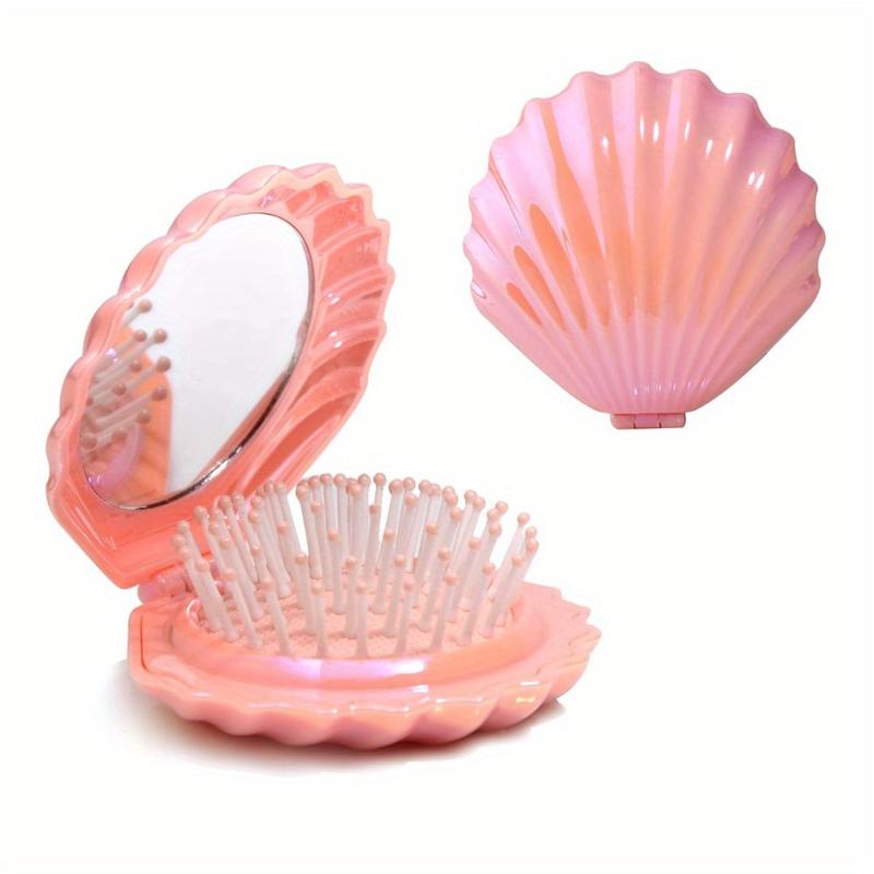 Portable Shell-Shaped Hair Brush with Built-in Mirror-Compact and Foldable for Travel, Removable Air Cushion Design, Suitable for Modeling and Makeup When Going out