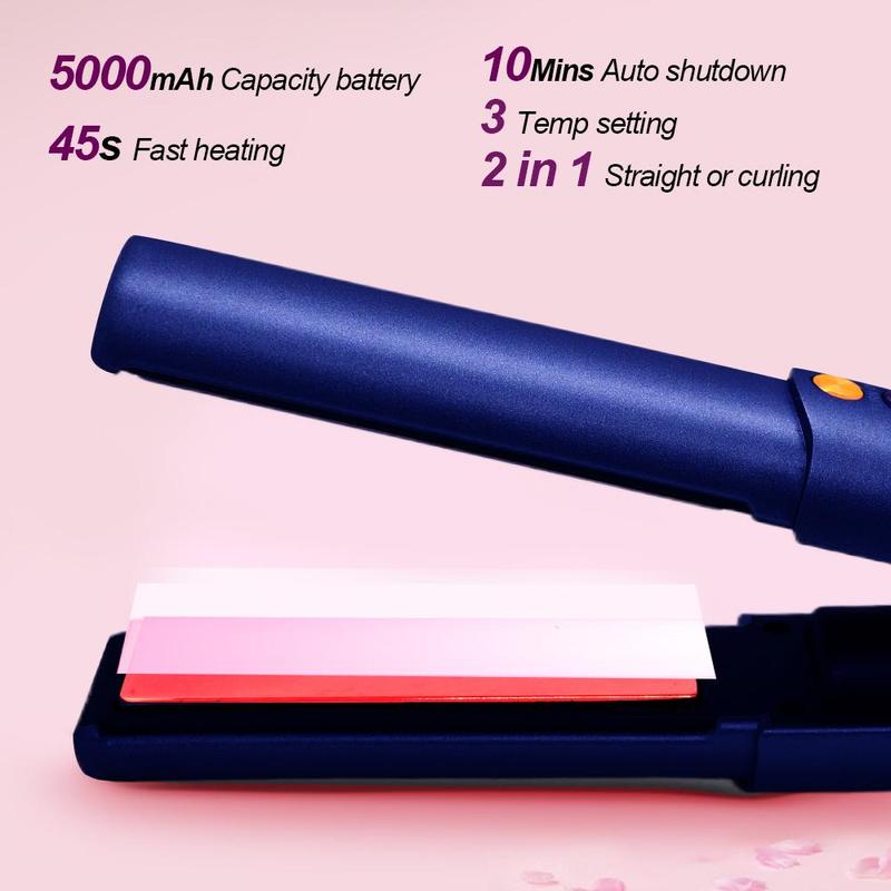 Cordless Hair Straightener & Curler, Portable Mini Flat Iron, Dual Voltage, Heats Up in Seconds, 3 Adjustable Temp for Thin Straight Fine Hair