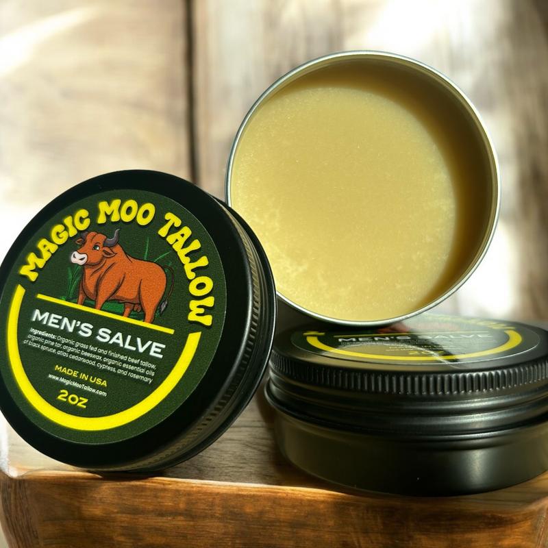 Boopie's Magic Moo Tallow Men's Organic Salve for beard, face, hands, rock climbing and more.