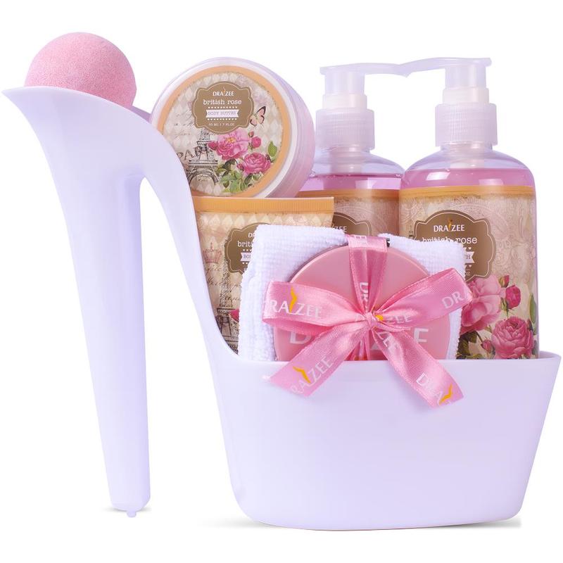 Luxury Heel Shoe Spa Gift Set for Women - 8 Pcs Christmas Gift, Rose Scented Bath Set w  Shower Gel, Bubble Bath, Body Butter, Body Lotion & More - Birthday Spa Basket, Gift for Mom by Draizee