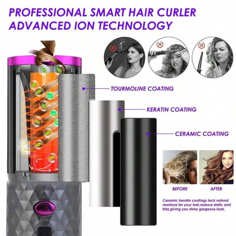 Portable Automatic Curling Iron, Cordless Rechargeable Curling Wand, 1-Inch Spinning Curler, 6 Temperatures and 11 Timers, Portable Ceramic Tubular Curling Iron, Fast Heating Rechargeable Travel Curling Iron Comfort Salon Hair Curler