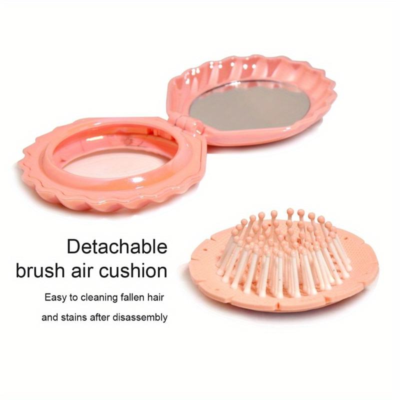 Portable Shell-Shaped Hair Brush with Built-in Mirror-Compact and Foldable for Travel, Removable Air Cushion Design, Suitable for Modeling and Makeup When Going out