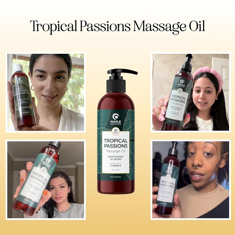 Tropical Sensual Massage Oil for Couples - Complete Relaxation Full Body Massage Oil for Date Night with Smooth Gliding Coconut and Sweet Almond Oil with Mango Scent - Non GMO Gluten Free and Vegan Body Care Comfort Cosmetic Scented Blend Hydrating