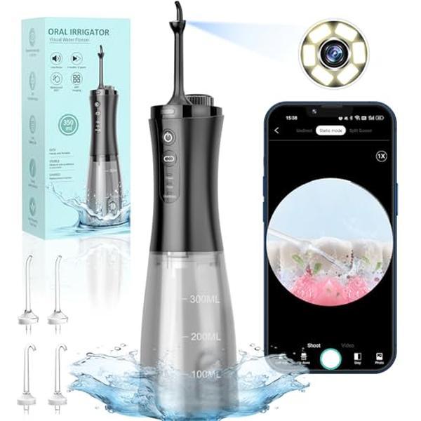 Water Flosser with Camera for Teeth, VITCOCO Visual Water Dental Flosser Waterpik with 3-Nozzle, Rechargeable Water Pick with 12-Gear and IPX7 Waterproof for Android and iOS (Black)