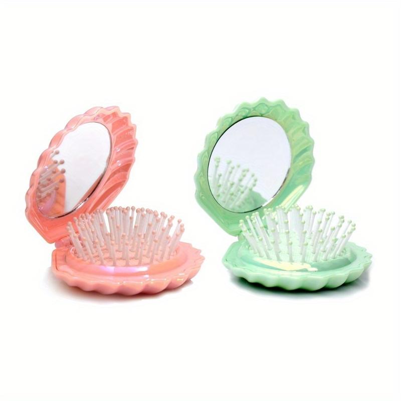 Portable Shell-Shaped Hair Brush with Built-in Mirror-Compact and Foldable for Travel, Removable Air Cushion Design, Suitable for Modeling and Makeup When Going out