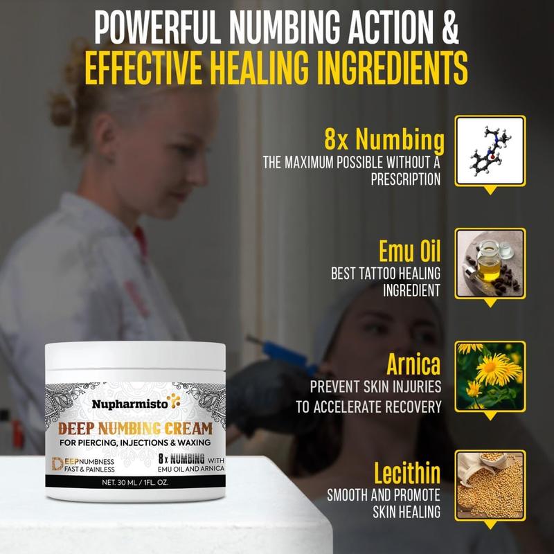 Deep Numbing Cream for Piercing, Injections& Tattoos, Fast Numbing for Waxing, 7 Hours Maximum Strength Painless Numbing Cream for Injections, 8x Numbing with Emu Oil and Arnica. 30ml 1oz