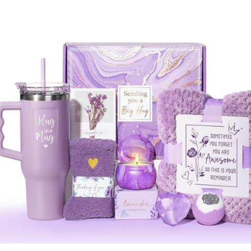 Birthday Gifts for Women Self Care Gifts Get Well Soon Gifts, Lavender Relaxing Spa Gift Basket Care Package w  Flannel Blanket 40 OZ Tumbler, Christmas Anniversary Gift for Mom Wife Friend Sister Her