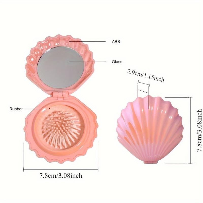 Portable Shell-Shaped Hair Brush with Built-in Mirror-Compact and Foldable for Travel, Removable Air Cushion Design, Suitable for Modeling and Makeup When Going out