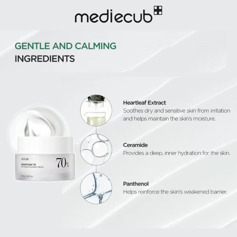 [ Mediecub ] ANUA Heartleaf 70 Intense Calming Cream with Ceramide, Panthenol, Korean Skin Care - 50ml 1.69F1.0z - Hydrate, Comfort