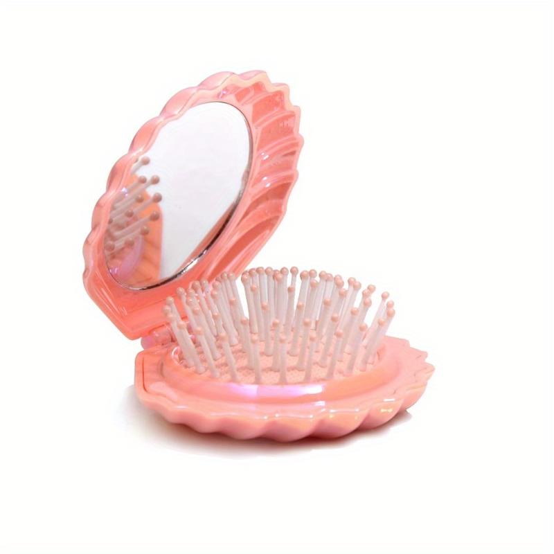 Portable Shell-Shaped Hair Brush with Built-in Mirror-Compact and Foldable for Travel, Removable Air Cushion Design, Suitable for Modeling and Makeup When Going out