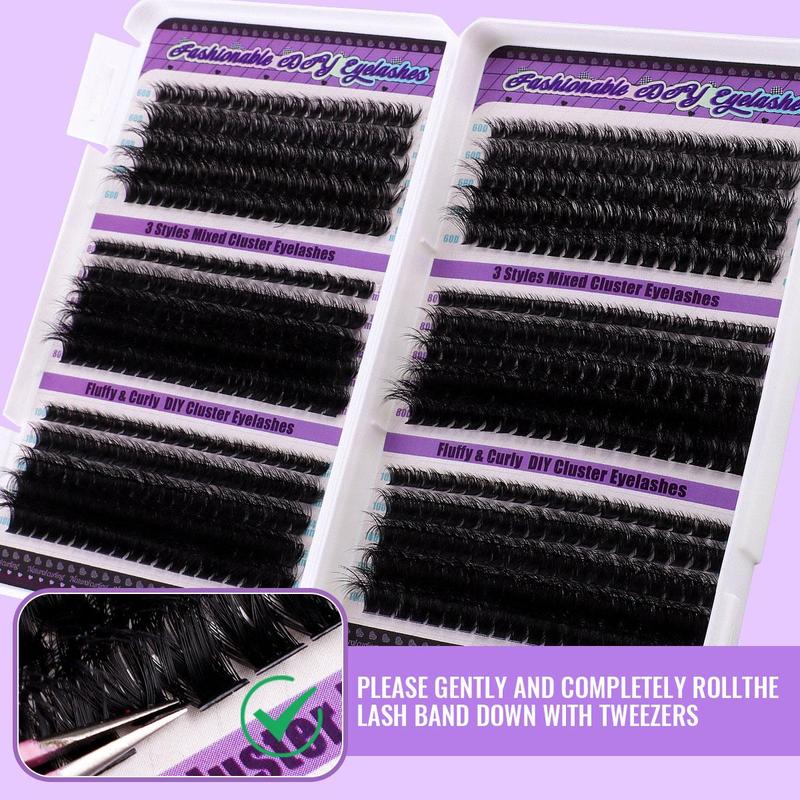 Natural Look Eyelashes Extension Kit, 7 Counts set Fluffy Individual Lashes with Bond & Seal & Lash Remover & Tweezers & Brush, Eyelash False, Eye Makeup Accessories