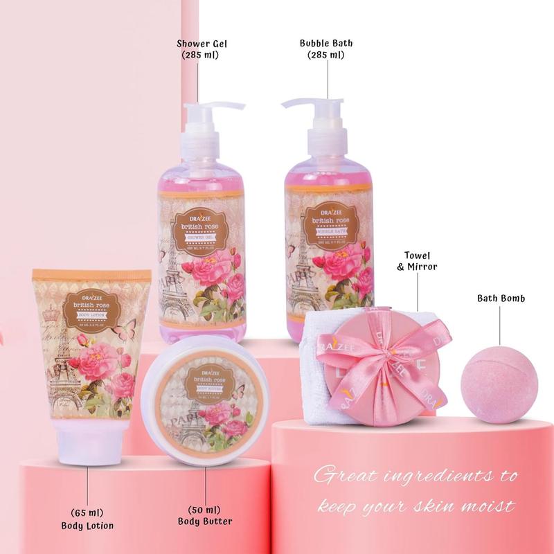 Bath and Body Gift Set - 8 Pcs Luxury Rose Scented Heel Shoe Spa Gift Set for Women - Shower Gel, Bubble Bath, Body Butter, Body Lotion & More - Christmas Gifts for Women, Gift for Mom - Draizee