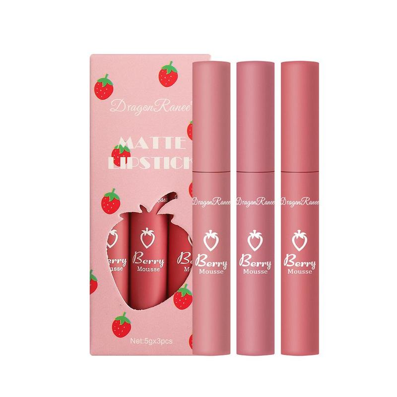 Strawberry Design Cosmetic Lip Care Lipstick Set, 3pcs set Makeup Matte Lip Gloss, Long-lasting Lip Gloss, Non-stick Cup Glossy Lip Glaze