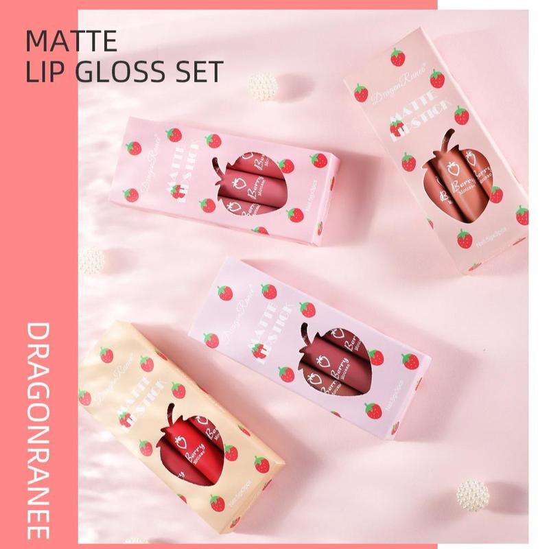 Strawberry Design Cosmetic Lip Care Lipstick Set, 3pcs set Makeup Matte Lip Gloss, Long-lasting Lip Gloss, Non-stick Cup Glossy Lip Glaze