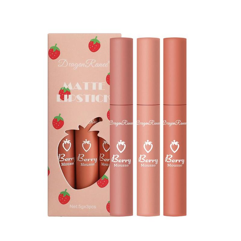 Strawberry Design Cosmetic Lip Care Lipstick Set, 3pcs set Makeup Matte Lip Gloss, Long-lasting Lip Gloss, Non-stick Cup Glossy Lip Glaze