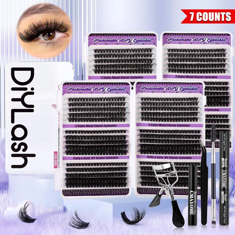 Natural Look Eyelashes Extension Kit, 7 Counts set Fluffy Individual Lashes with Bond & Seal & Lash Remover & Tweezers & Brush, Eyelash False, Eye Makeup Accessories