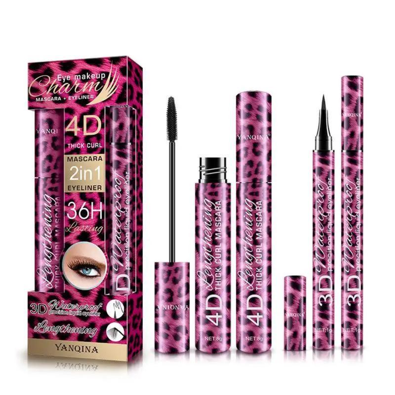 4D Silk Fiber Mascara and Eyeliner Pen Set, Extra-long Thick Mascara, Waterproof and Sweat-proof, No Smudge, Quick Drying, Lasting and Perfect Eye Makeup for A Whole Day (black)Mascara