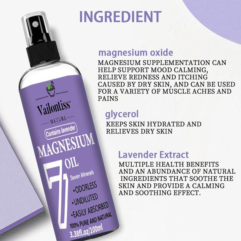 100ml Magnesium Oil Spray with Lavender Scent, Ancient Mineral Magnesium Oil Spray, Magnesium Chloride, Seven Minerals, Topical Magnesium Supplement for Skin and Body, Christmas Gift