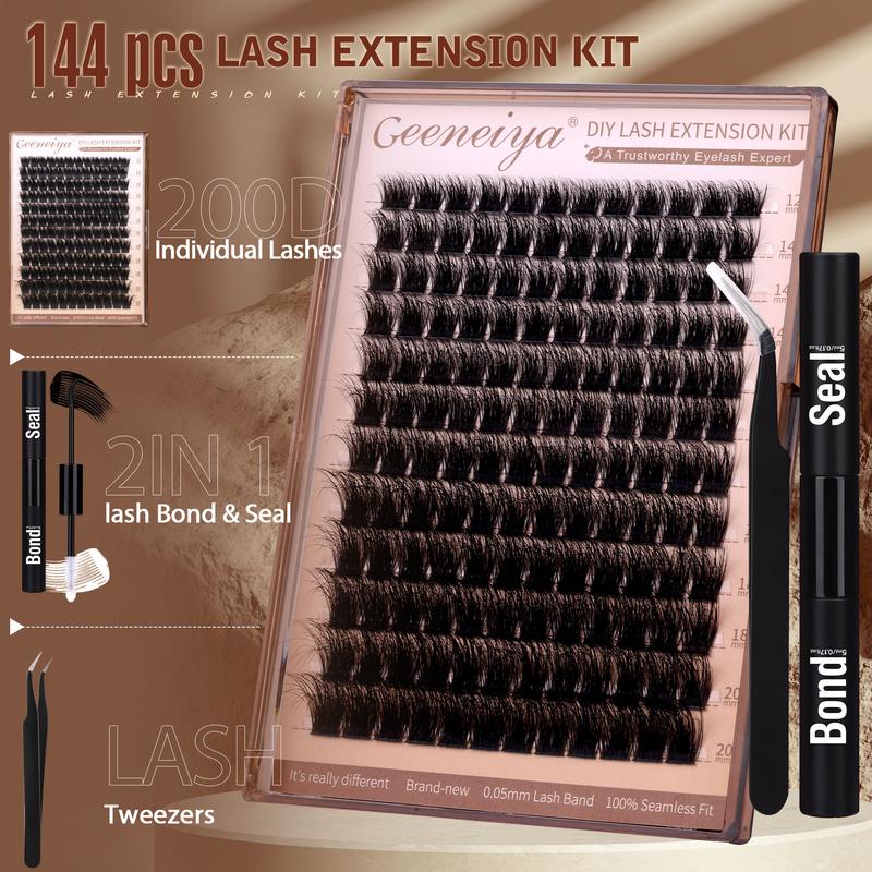 Geeneiya 12-20mm Lash Clusters Kit Fluffy Lash Extension Kit D Curl Eyelash Extension Kit Thick Wispy DIY Individual Eyelashes with Lash Bond and Seal Lash Applicator Makeup Cosmetic Eyelashes Extensions