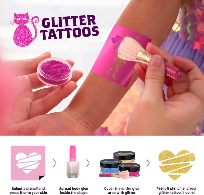 Temporary Shimry Tattoo Studio Kit for Kids - Glitter & tallic Fake Tattoos for Girls - Birthday Gift Ideas for Girl - Best Craft Kits Toys Stuff for Ages 6, 7, 8, 9, 10, 11 Year Old - Cool Gifts