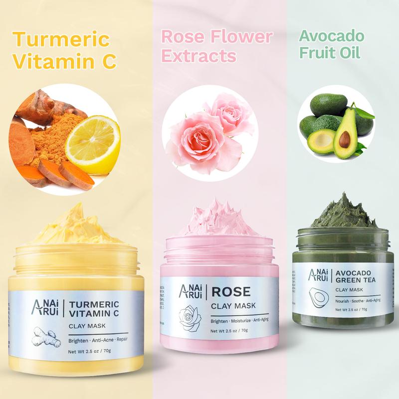 ANAiRUi 3in1 Clay Mask Set, Turmeric Vitamin C Clay Mask, Rose Clay Mask, Avocado Green Tea Mask for Deep Cleansing, Oily Skin, Skincare Facial Mask