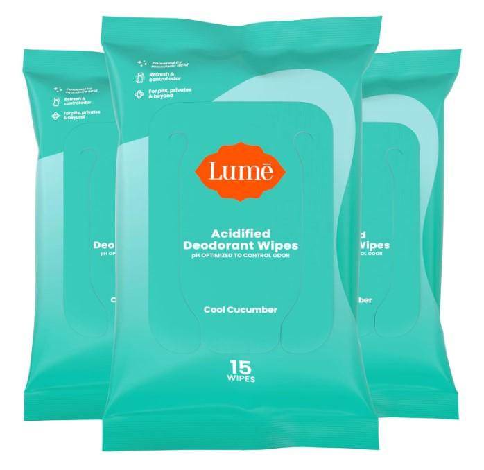 Lume Acidified Deodorant Wipes - 24 Hour Odor Control - Aluminum Free, Baking Soda Free, Skin Loving - Flushable - 15 Count (Pack of 3) (Cool Cucumber)