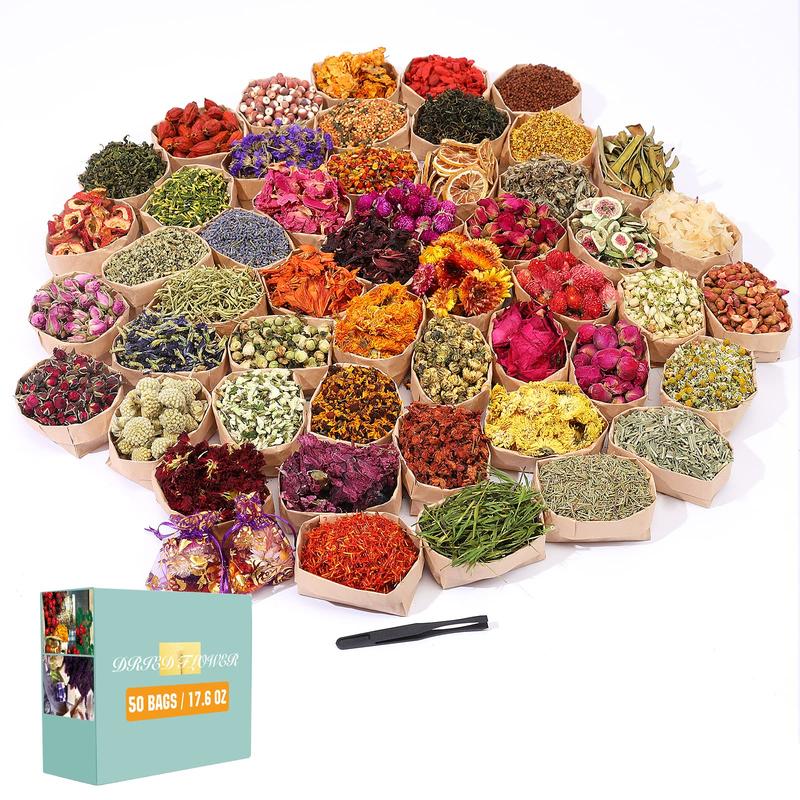 16 Bags Dried Flowers,100% Natural Dried Flowers Herbs Kit for Soap Making, DIY Candle Making,Bath - Include Rose Petals,Lavender,Don't Forget Me,Lilium,Jasmine,Rosebudsand More